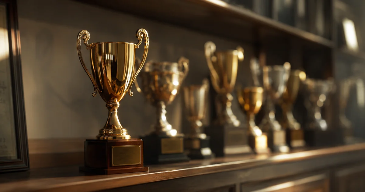 Trophy shelf with one trophy positioned forward, dust-free while the others are faded