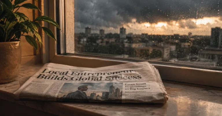 Newspaper folded to a headline about someone else's success, resting untouched, storm light outside