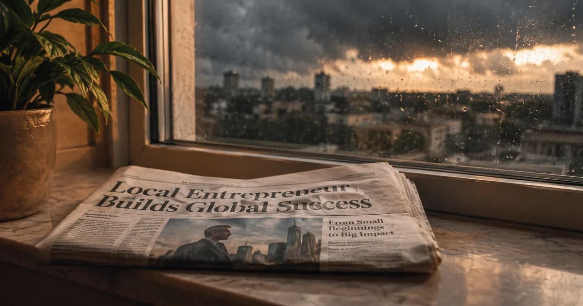 Newspaper folded to a headline about someone else's success, resting untouched, storm light outside