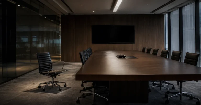 Empty conference table, one chair pulled far out at the head, cold overhead light