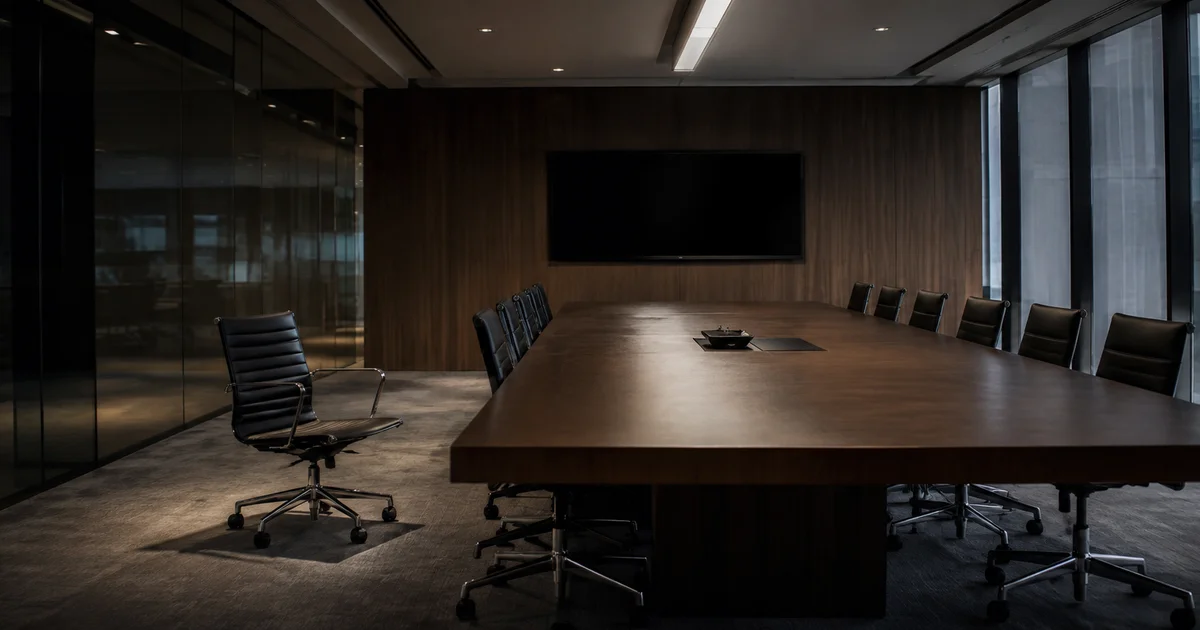 Empty conference table, one chair pulled far out at the head, cold overhead light