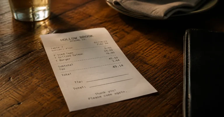 Restaurant receipt on a table with no tip filled in, evening light through a window