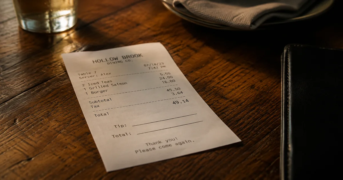 Restaurant receipt on a table with no tip filled in, evening light through a window