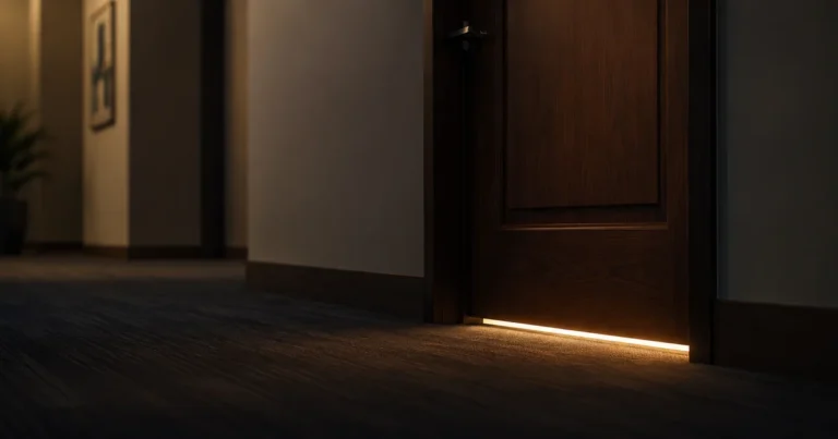 Closed office door with light glowing faintly beneath it, dim quiet corridor
