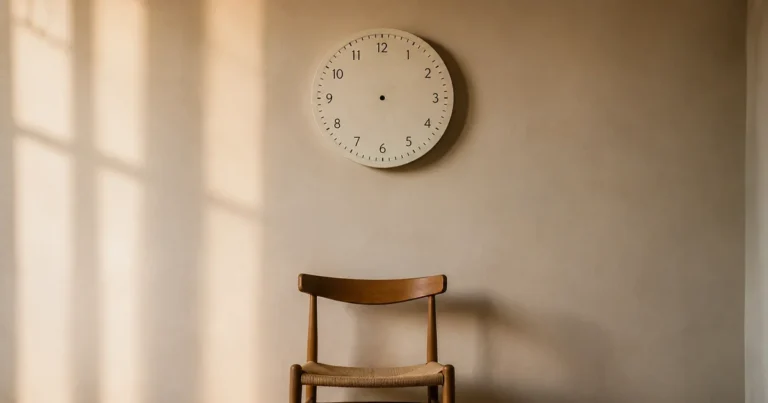 Clock with no hands on a plain wall, morning light crossing it, empty chair beneath