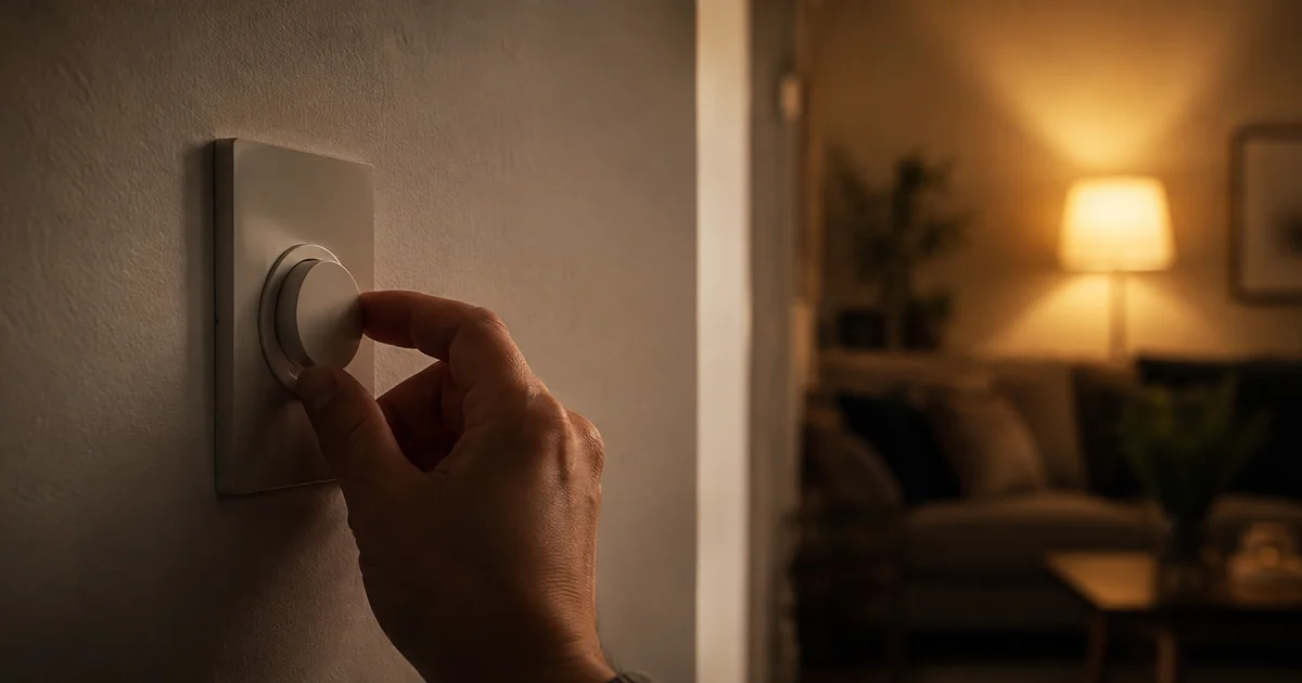 Dimmer switch mid-turn, room caught between bright and dark, warm bulb glow