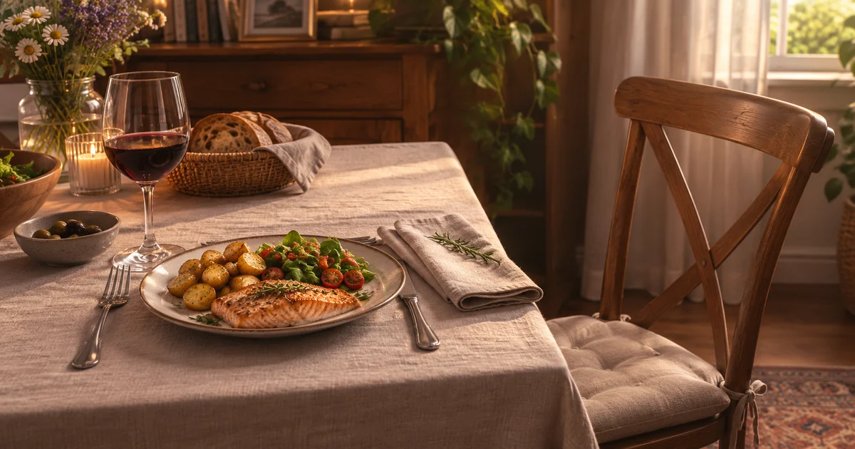 Empty chair pulled back from a dinner table, folded napkin beside an untouched full plate