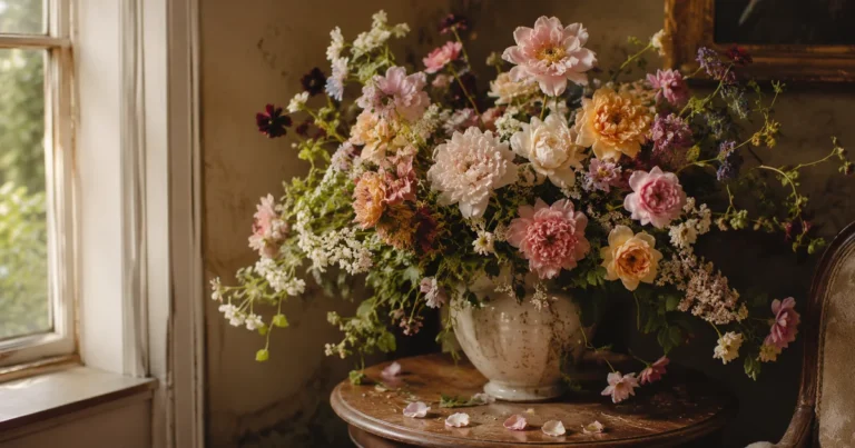 Overflowing vase of flowers on a side table, petals just beginning to fall