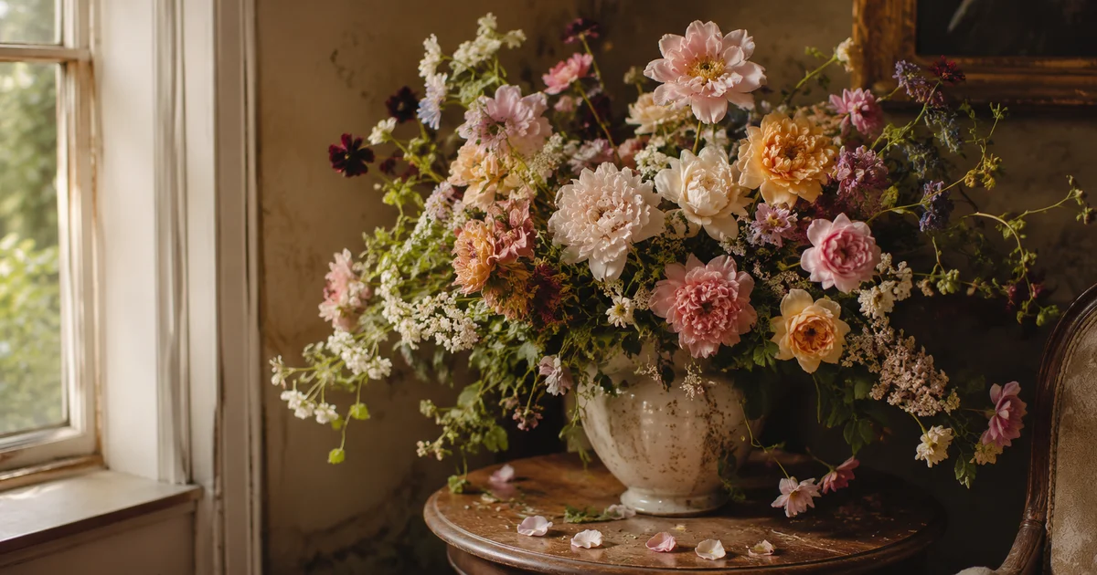 Overflowing vase of flowers on a side table, petals just beginning to fall