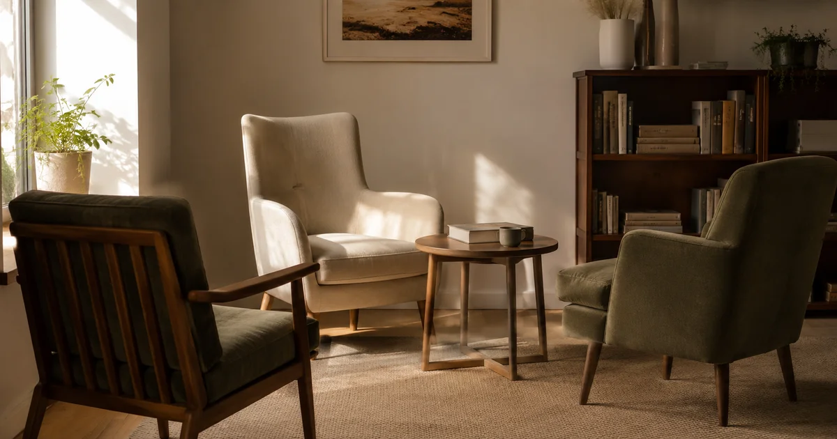 Three chairs around a table, two angled together and one turned away, afternoon light