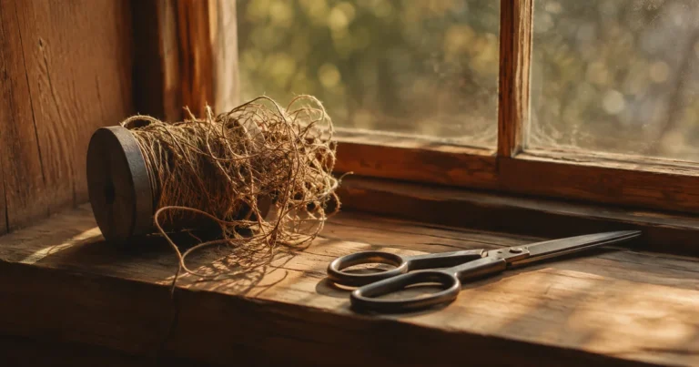 Tangled spool of thread on a windowsill, sunlight catching the knots, closed scissors beside it