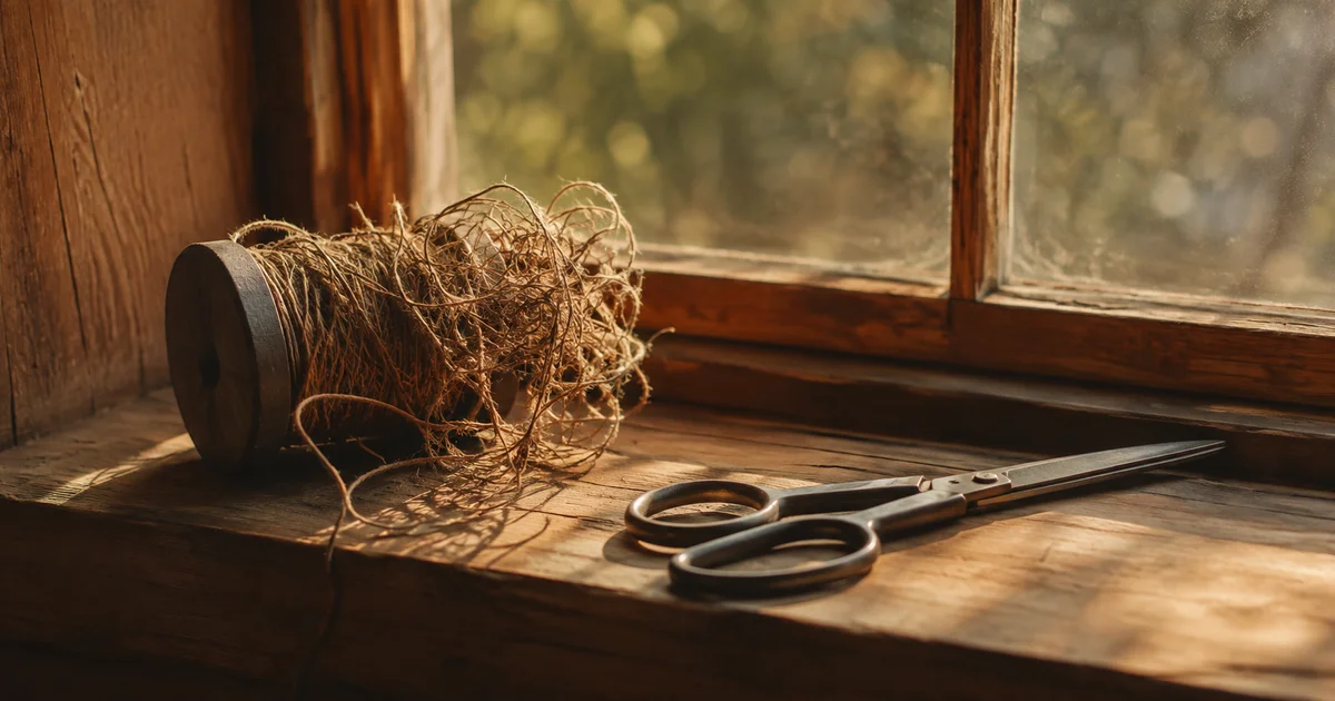 Tangled spool of thread on a windowsill, sunlight catching the knots, closed scissors beside it