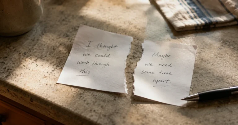 Handwritten note torn in half on a kitchen counter, morning light across the torn edges