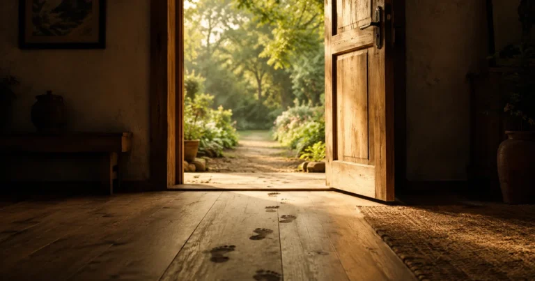 Open door revealing a sunlit garden beyond, room behind in soft shadow, footprints leading out