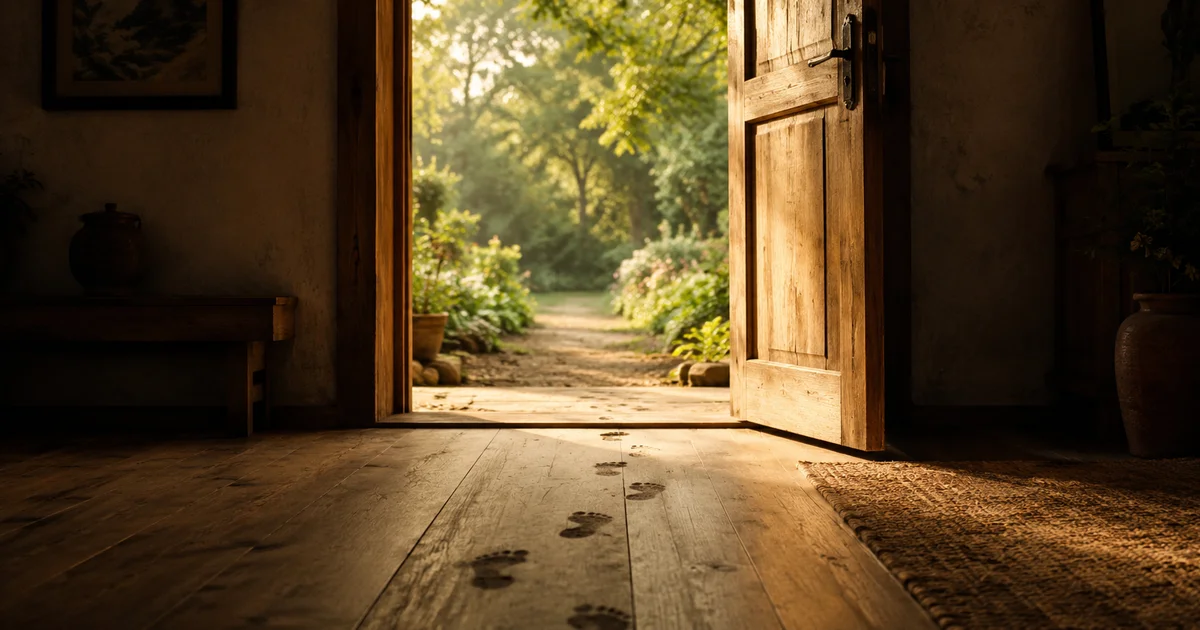 Open door revealing a sunlit garden beyond, room behind in soft shadow, footprints leading out