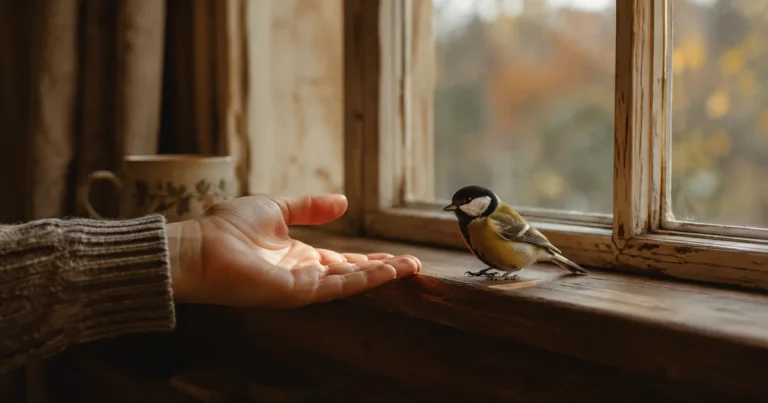 Hand extended toward a small bird perched calmly on a windowsill, soft indoor light
