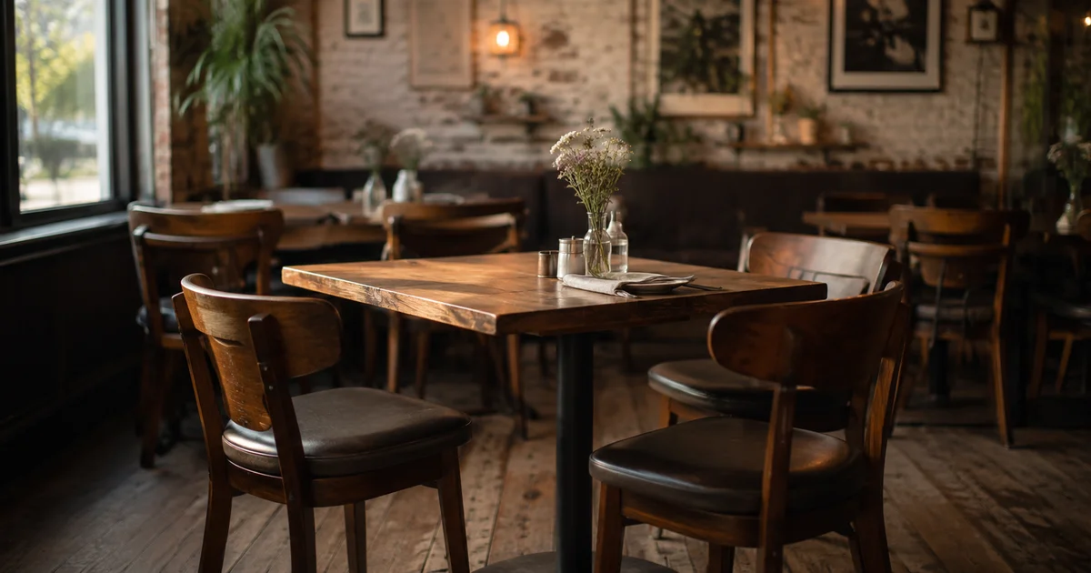 Chair pulled closer to a table than the others, angled toward an empty seat