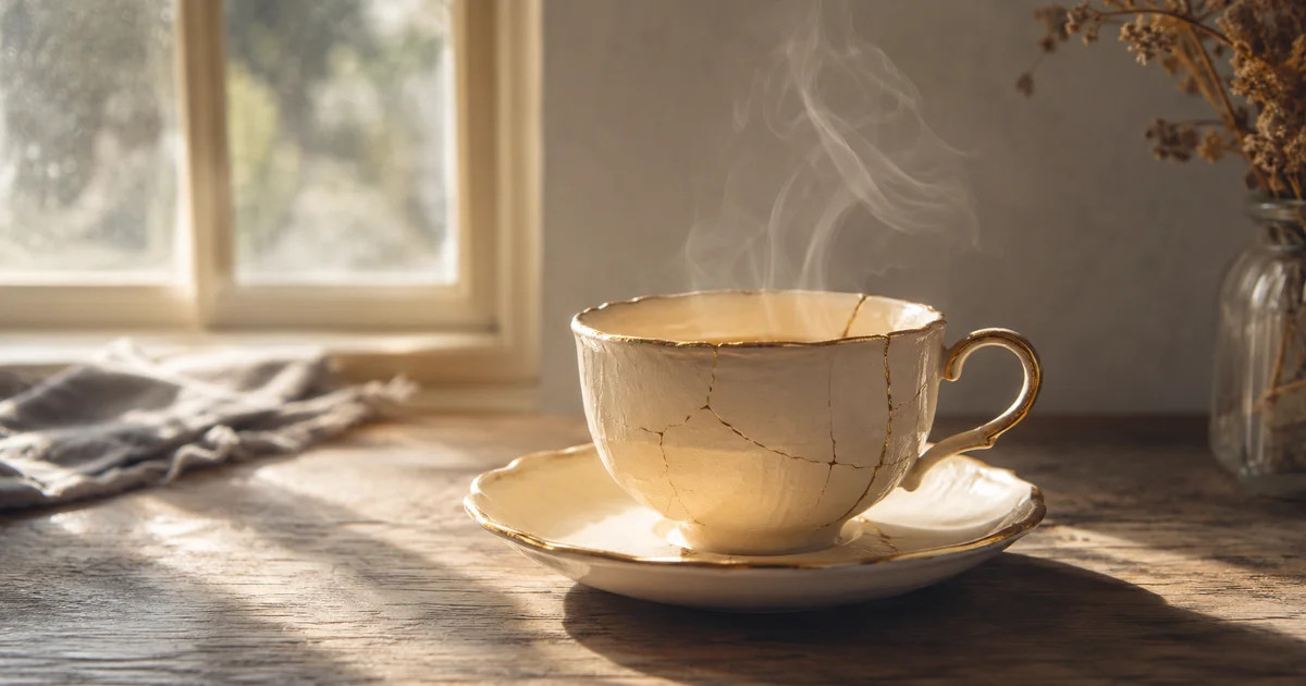 Cracked teacup on a saucer with faint rising steam, morning window light