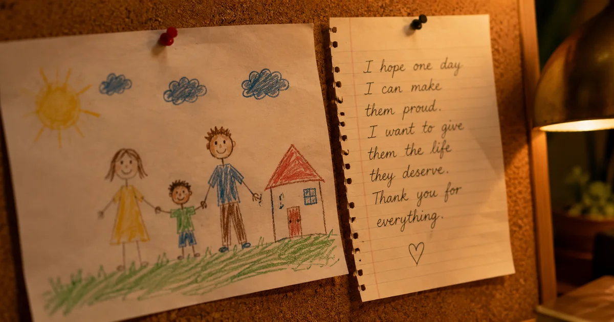 Child's drawing pinned to a corkboard beside adult handwriting, warm desk lamp light