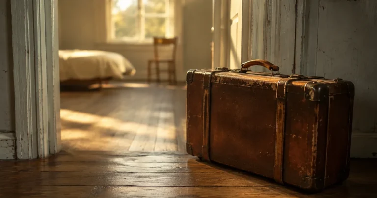 Weathered suitcase beside a doorway, handle worn smooth, morning light across the room