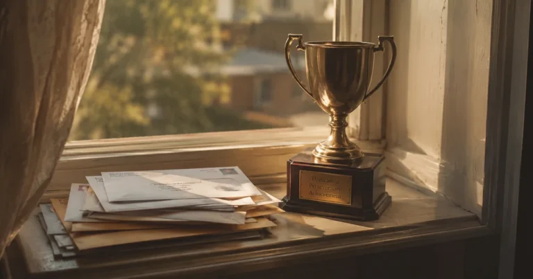 Trophy on a windowsill beside a stack of unopened mail, late afternoon light