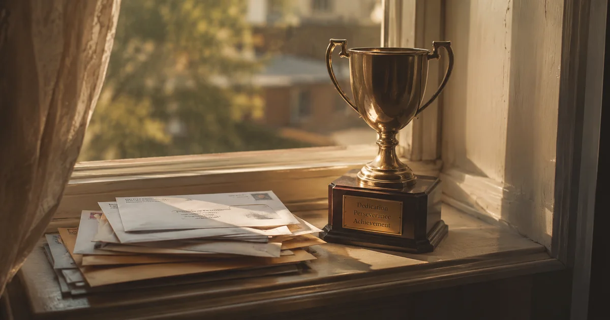 Trophy on a windowsill beside a stack of unopened mail, late afternoon light