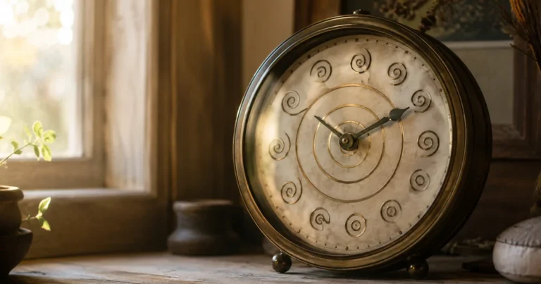Clock face with hour markers replaced by a spiral, hands frozen, morning light on the glass