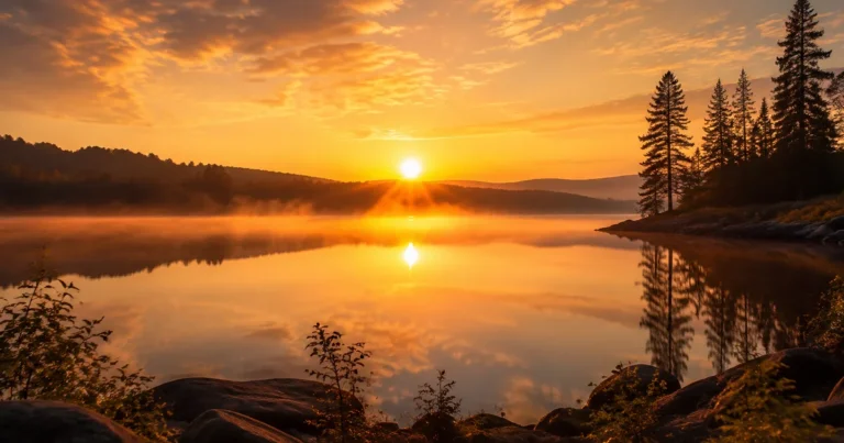Sunrise breaking over a still lake, first light catching the water's surface