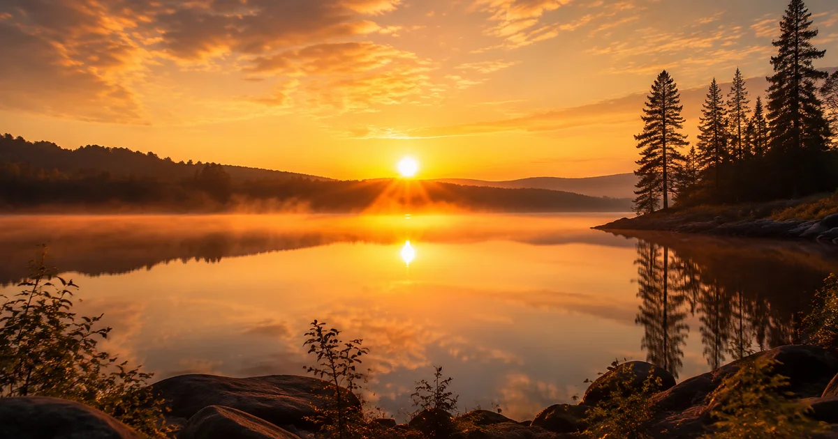 Sunrise breaking over a still lake, first light catching the water's surface