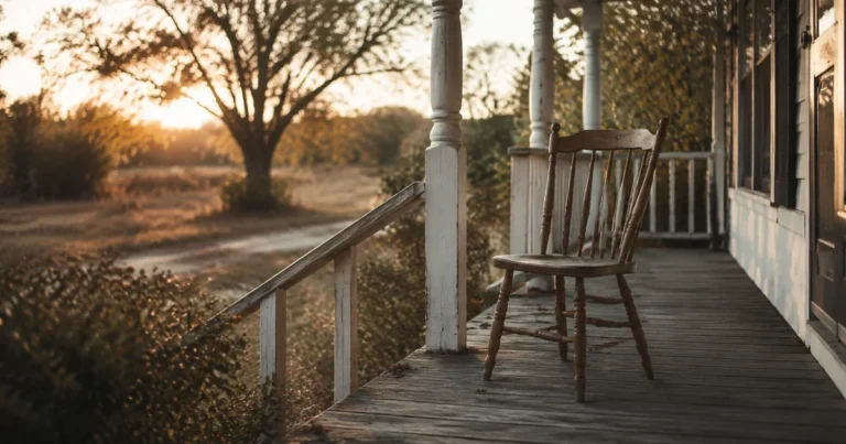Single chair left on a porch after everything else has been packed away, fading light