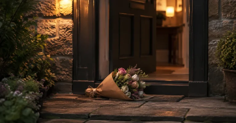 Bouquet of flowers on a doorstep at dusk, door slightly open, porch light beginning to glow