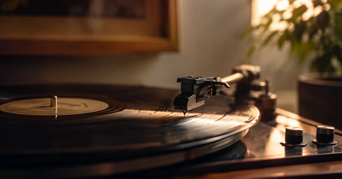 Vinyl record spinning on a turntable, needle reaching the end and beginning to lift