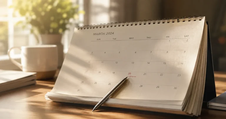 Calendar with pages thinning toward the back, morning light, pen resting on the current date