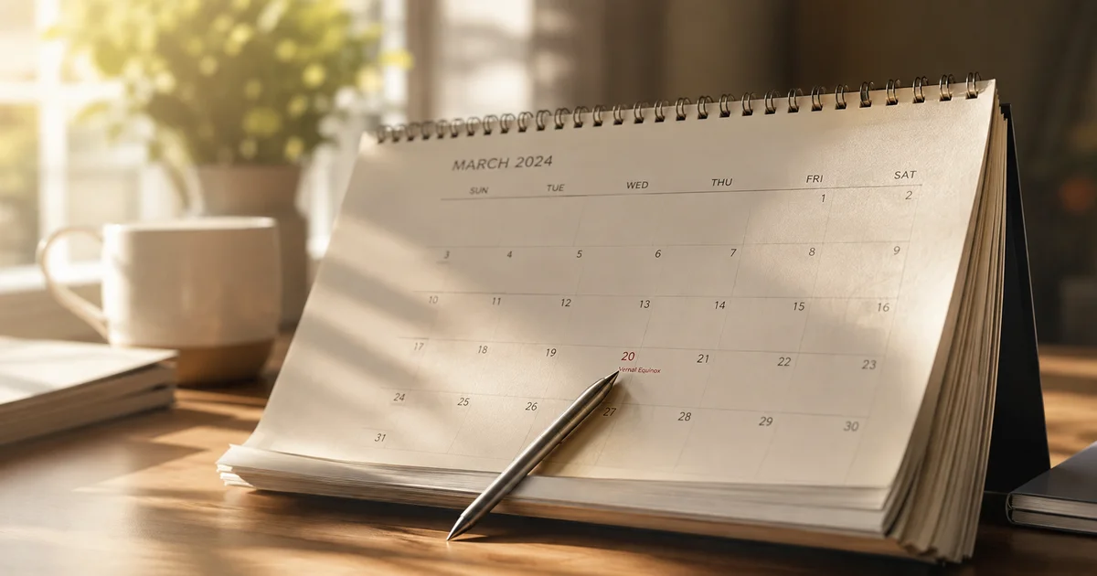 Calendar with pages thinning toward the back, morning light, pen resting on the current date