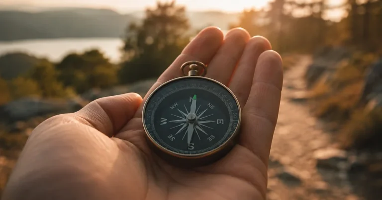 Compass resting on an open palm, needle settling toward true north, blurred path ahead