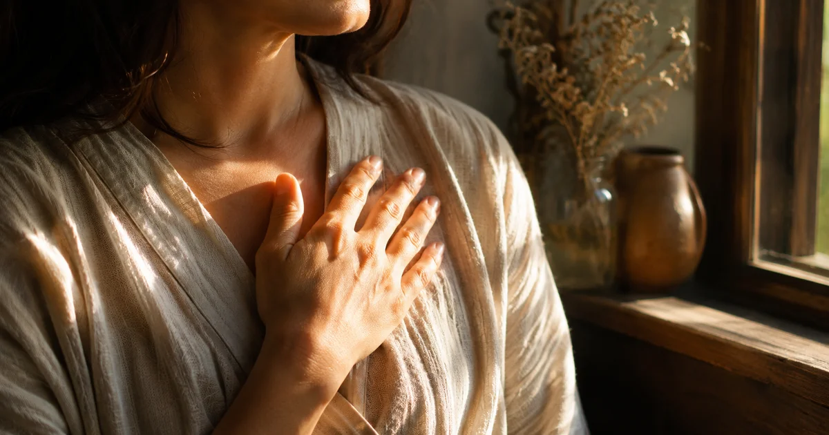 Hand resting over a chest at a window ledge, morning light, calm attentive posture