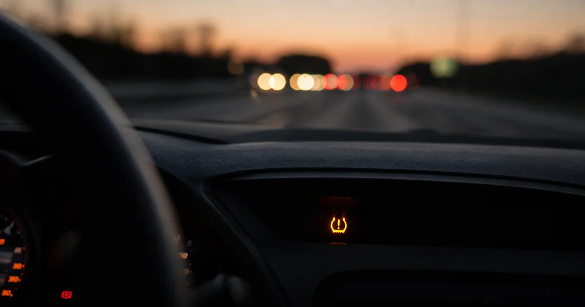 Warning light glowing faintly on a car dashboard, blurred road through the windshield at dusk