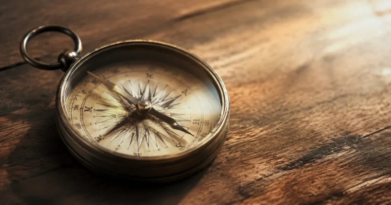 Compass with a slightly bent needle on a wooden table, morning light on the glass face