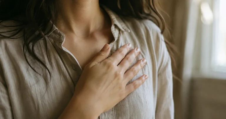 Close framing of a hand resting lightly on a chest, soft window light, calm stillness