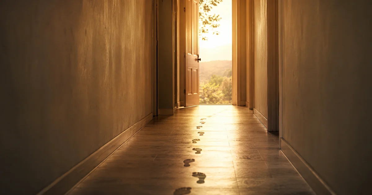 Open door at the end of a long hallway, warm daylight spilling through, footprints leading toward it
