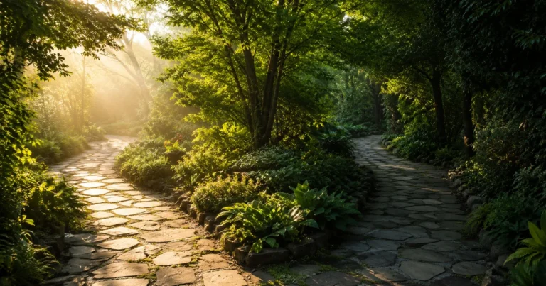 Two garden paths diverging, one sunlit and one shaded, morning light