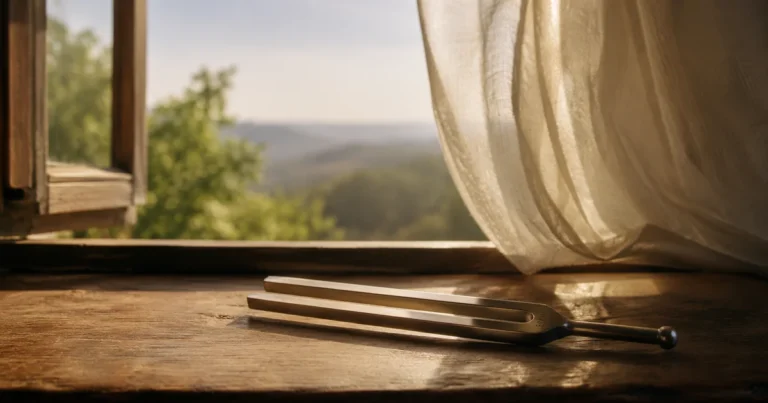 Tuning fork on a wooden table beside an open window, curtains gently moving