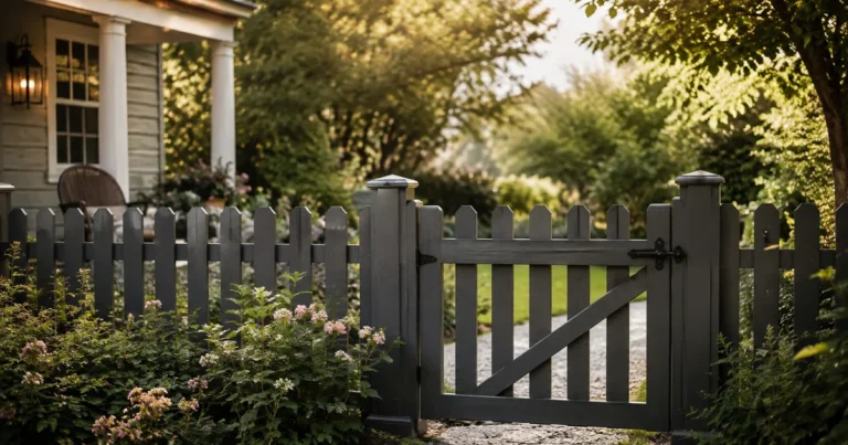 Freshly painted garden fence, morning light on the clean lines, gate latched but not locked