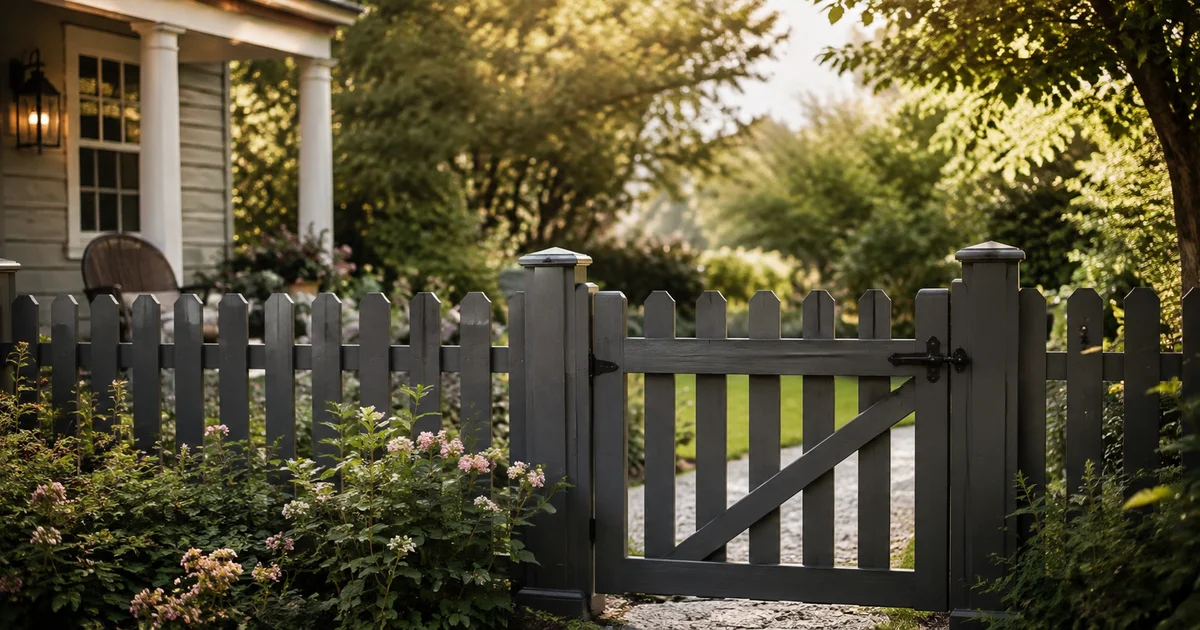 Freshly painted garden fence, morning light on the clean lines, gate latched but not locked