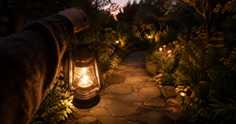Lantern illuminating a garden path ahead, dusk settling around the edges of the light
