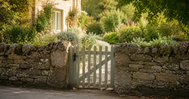 Low garden wall marking a property line, morning light on the stones, gate closed but unlocked