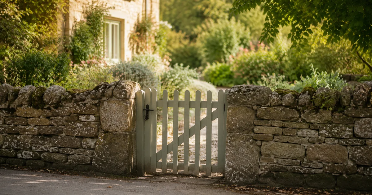 Low garden wall marking a property line, morning light on the stones, gate closed but unlocked