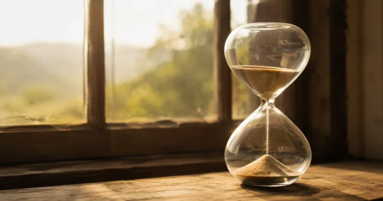 Hourglass resting on a windowsill with sand falling slowly, warm afternoon light