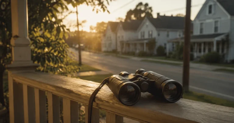 Binoculars resting on a porch railing, quiet street beyond, early morning light
