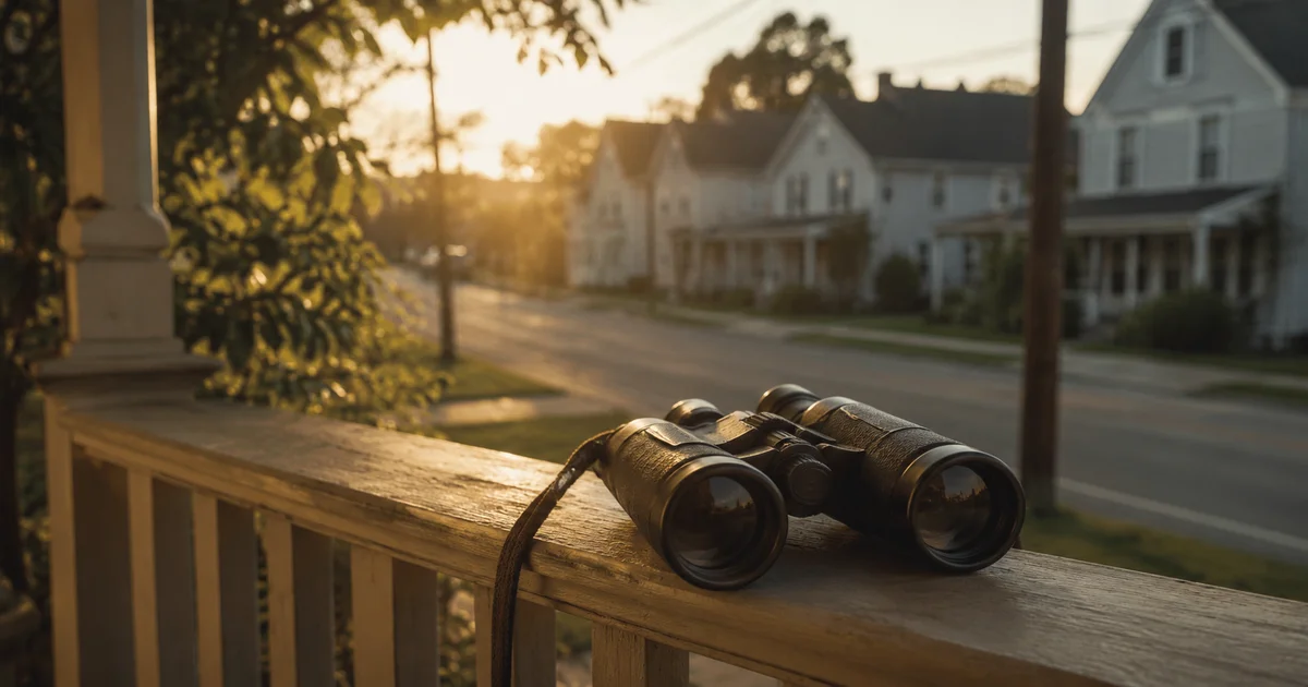 Binoculars resting on a porch railing, quiet street beyond, early morning light
